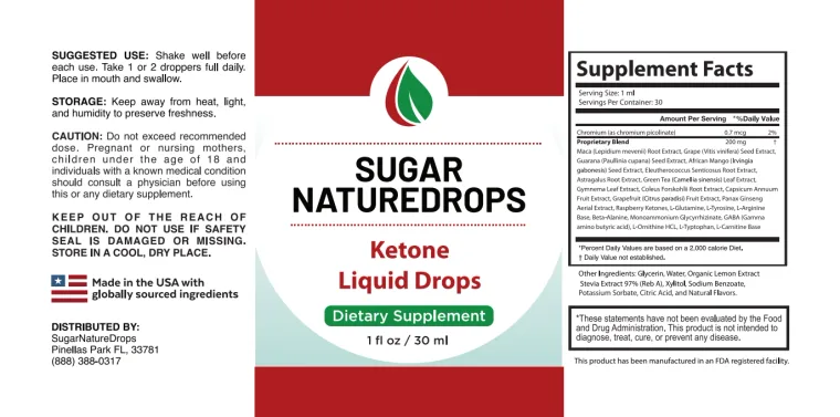 Official Sugar NatureDrops label - suggested use, storage, caution and the full Supplement Facts panel